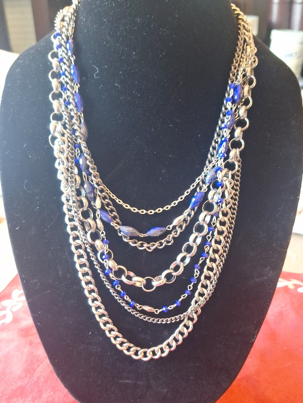 Multi-Strand Silver Chain Necklace with Blue Beads - Women Jewelry 13" Length